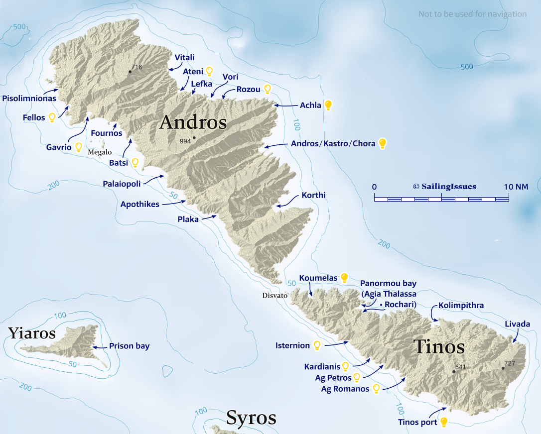 Tinos, Andros ports and island nautical charts