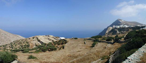 Chora of Folegandros at the top right of the photo looking east