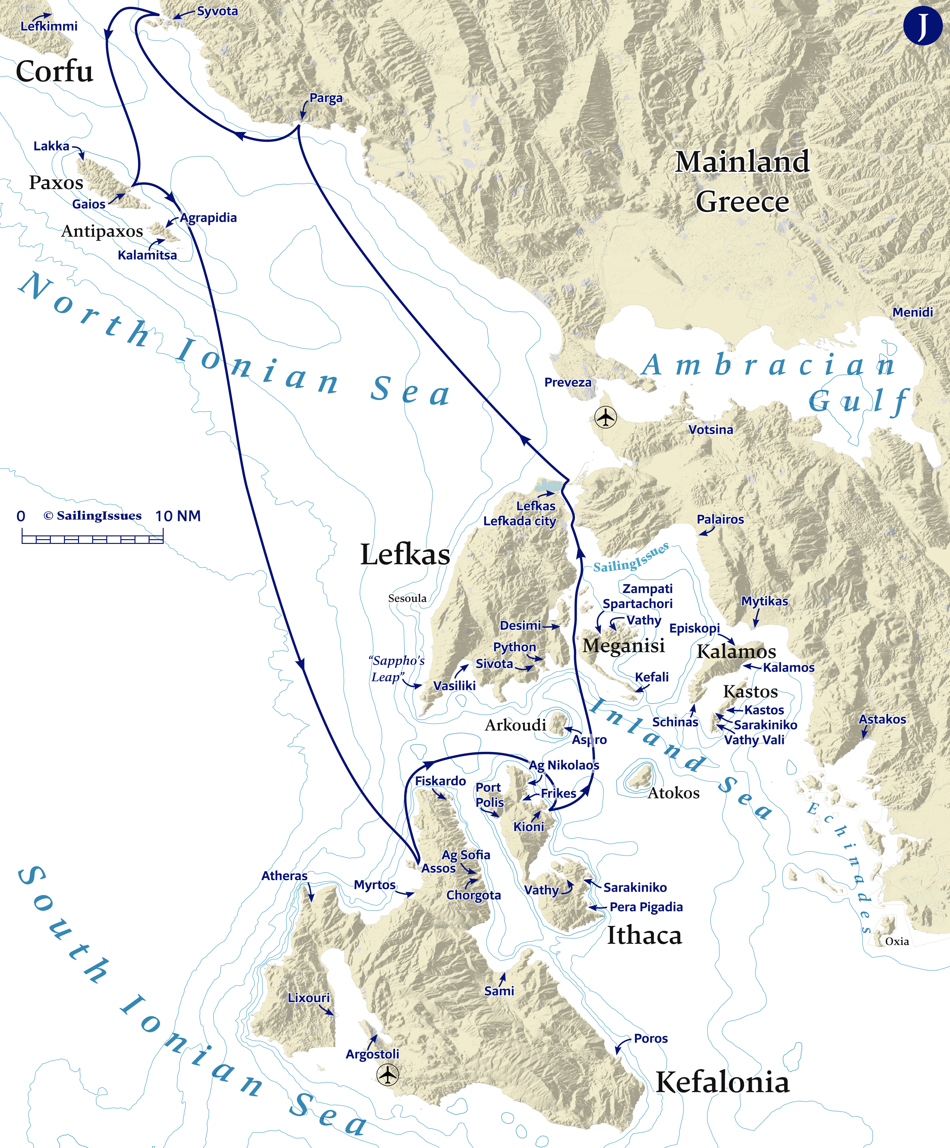 Yacht charters: Route J South and North Ionian Lefkas Ithaca Parga Paxos - some proper sailing