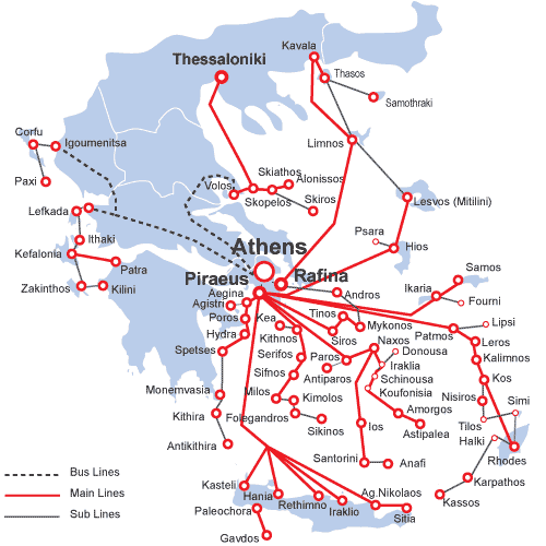 Map of the Greek ferry lines - ferries and hydrofoils in Greece