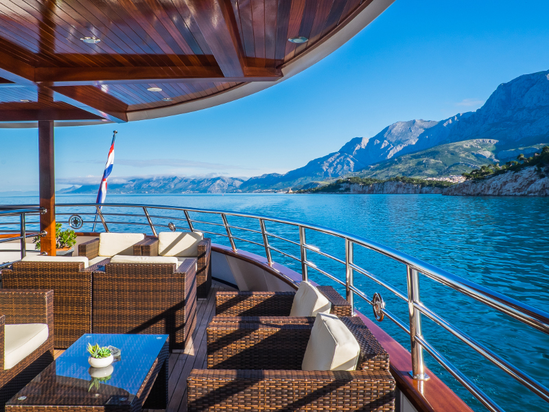 View on the coast of Croatia from a luxurious gulet or motorsailer