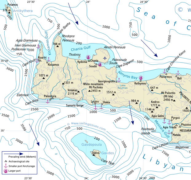 Sailing map of Crete - yacht charters in the Aegean