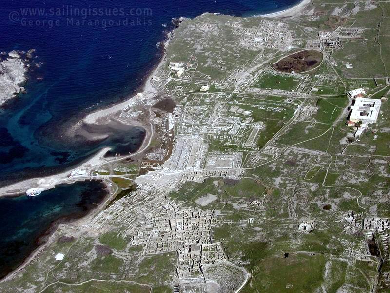 Delos Island - Aerial photo - on the left the mini port where the official boats drop of their tourists.