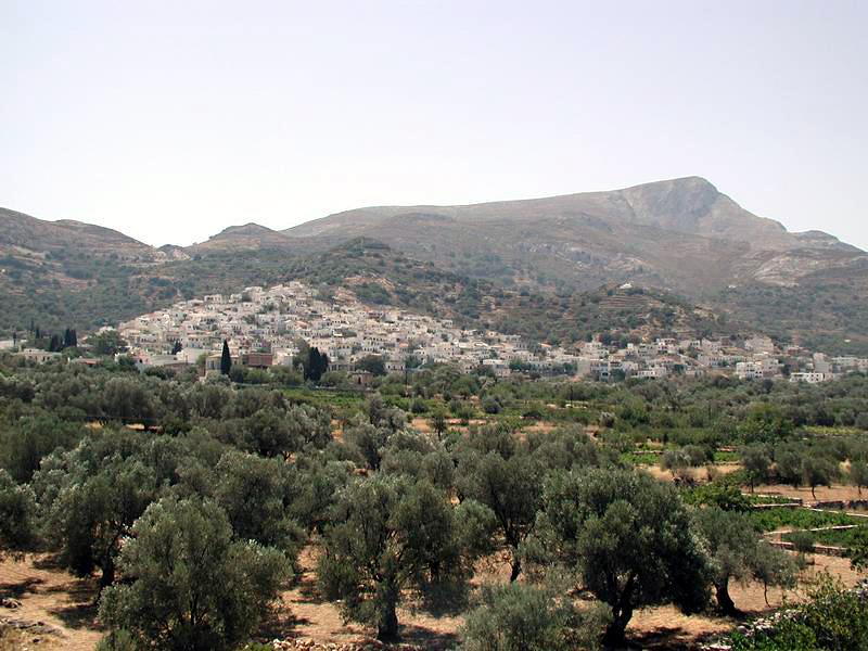 Filoti village on Naxos island with olive groves in the foreground
