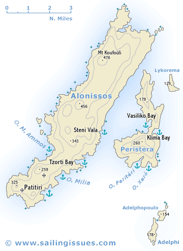 Sailing map of Alonissos and yacht charters