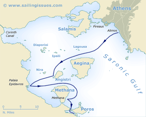 Map of Saronic Gulf, Athens, Salamis, Aegina, Angistri, Methana and Poros.