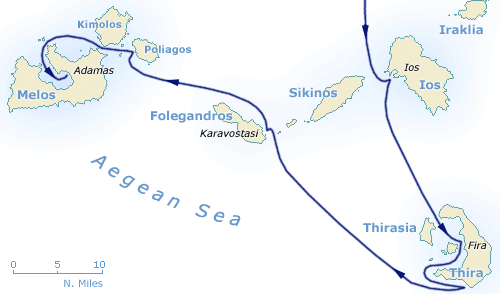 Map of Santorini, thira, cyclades, Ios, Melos and Folegandros